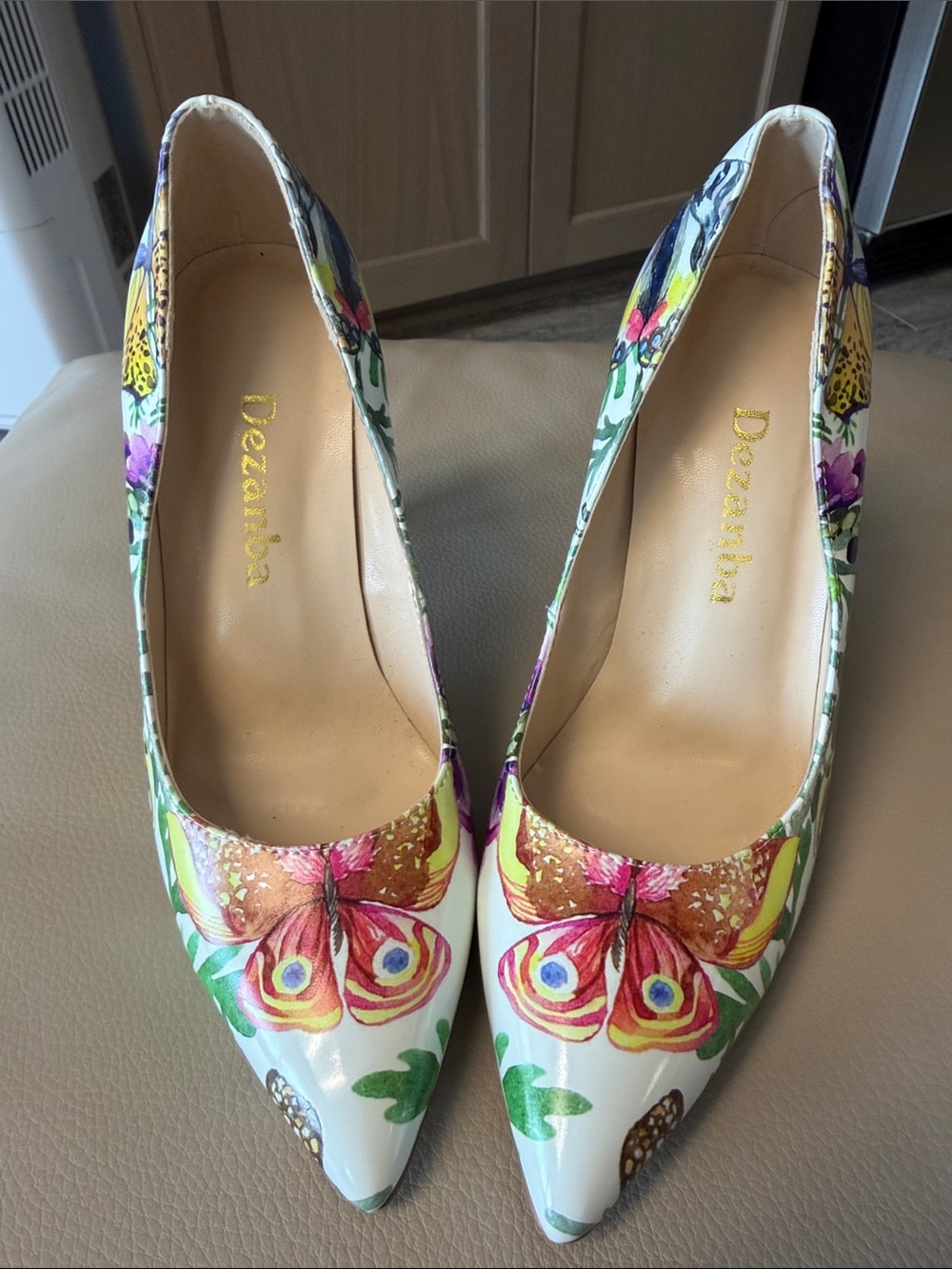Zumba Fitness White Pointed Toe Pumps with Colorful Butterfly Motif